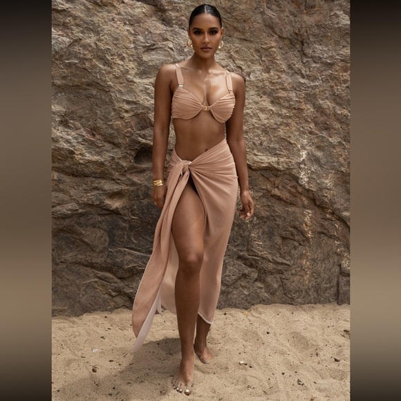 NEW JLUXLABEL Tan Uncharted Waters Mesh Sarong Maxi Hem Skirt - Picture 4 of 11